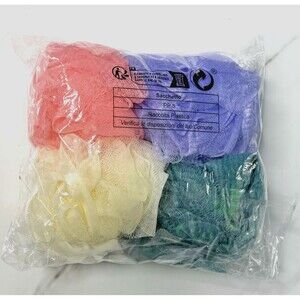 4 Pk Mesh Bath Shower Loofahs Pouf Sponge Hanging Loop Assorted Colors 10CM New!